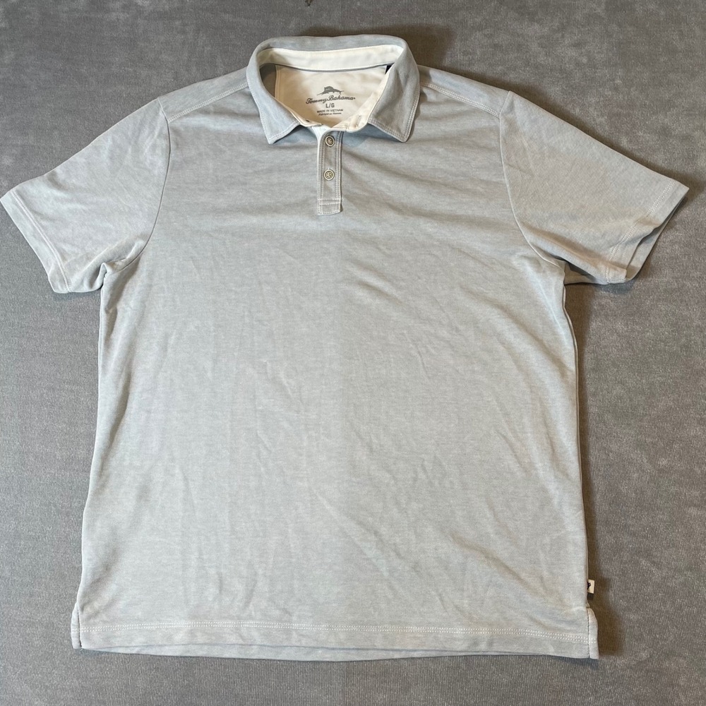 Tommy Bahama Mens Gray Short Sleeve Polo Shirt Size Large L Casual Golf Tropical